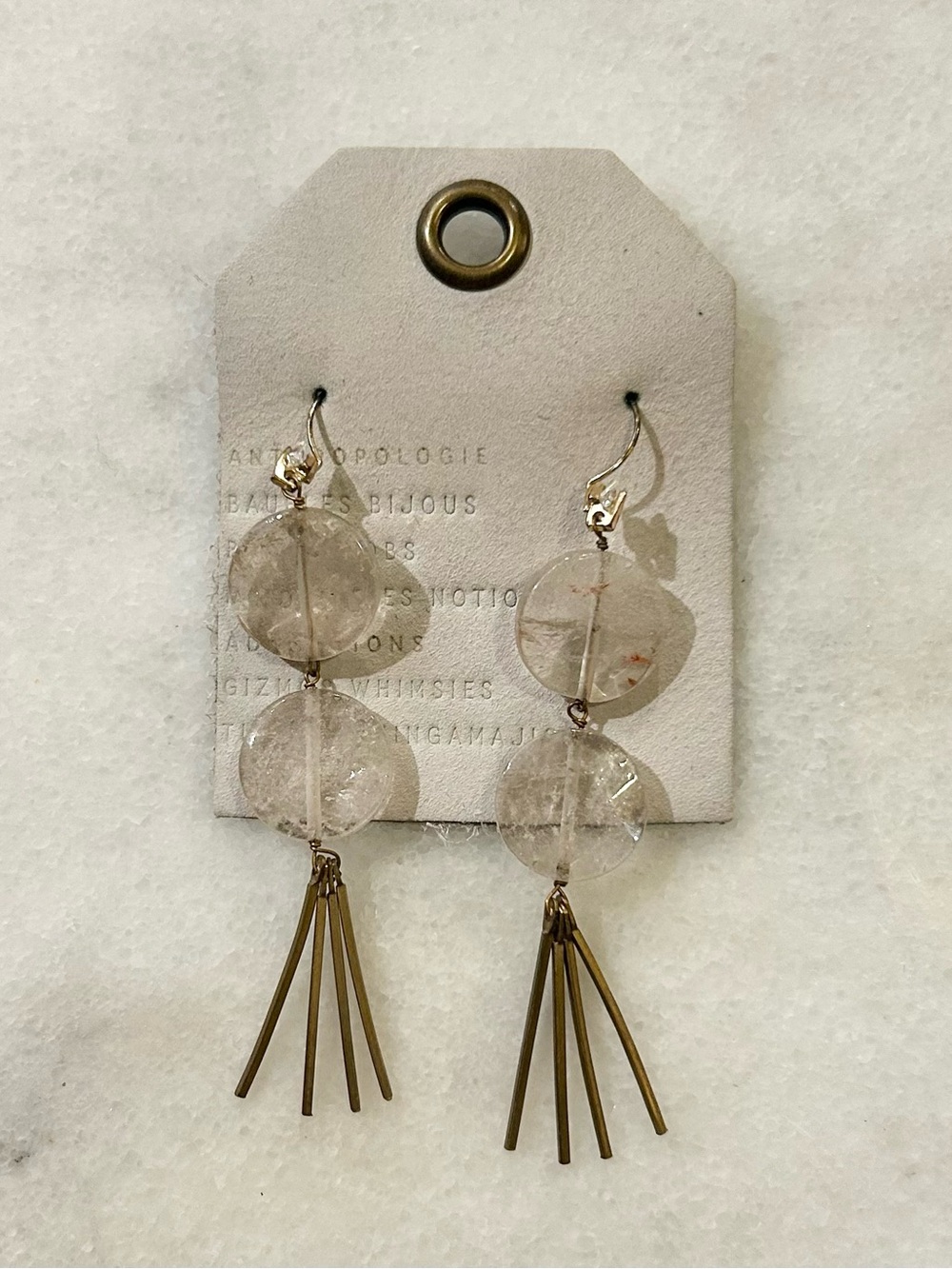 Boho Natural Clear Quartz Disc Tassel Drop Earrings Gold Dangle Earrings
